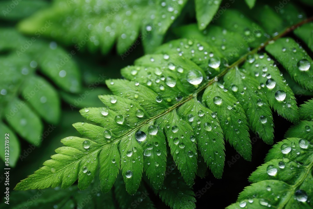 Obraz premium Water Droplets on Fern Leaf Close-up of fern texture with round water droplets creating a geometric pattern