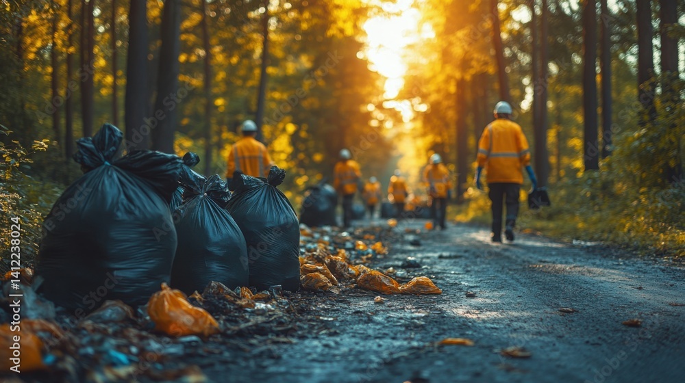 Landfill cleaners put a large amount of trash into black garbage bags.