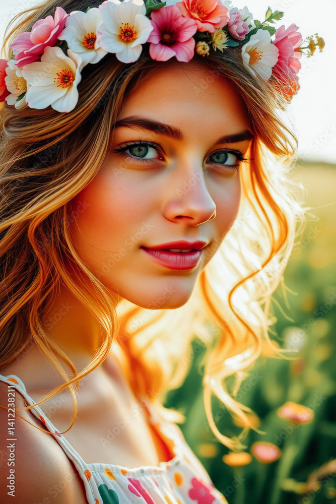 Beautiful Woman with Floral Crown in Summer Sun
