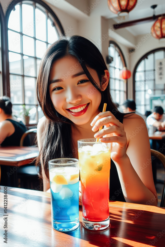 Smiling Asian Woman Enjoying Refreshing Drinks