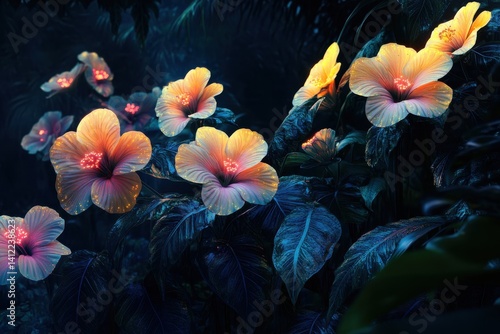 rare jungle blooms with bioluminescent glow, glowing effect dark background
