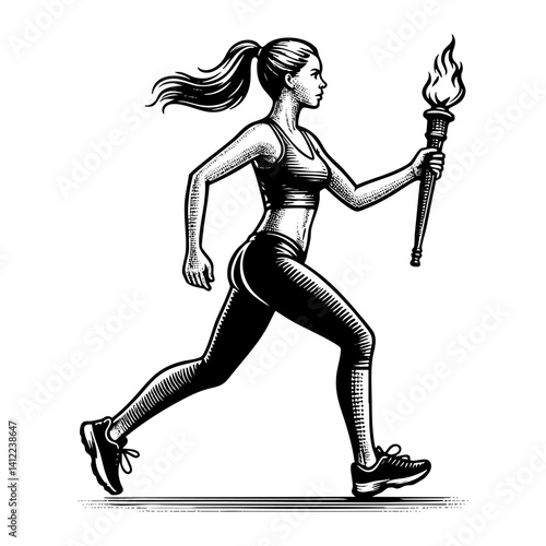 Woman run holding torch sketch engraving black and white outline. Scratch board imitation.  illustrated in vintage line art style on a white background.