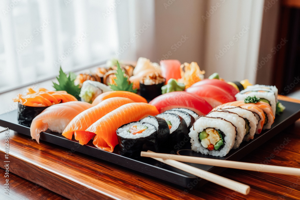 Assortment of Fresh Sushi and Rolls on a Tray