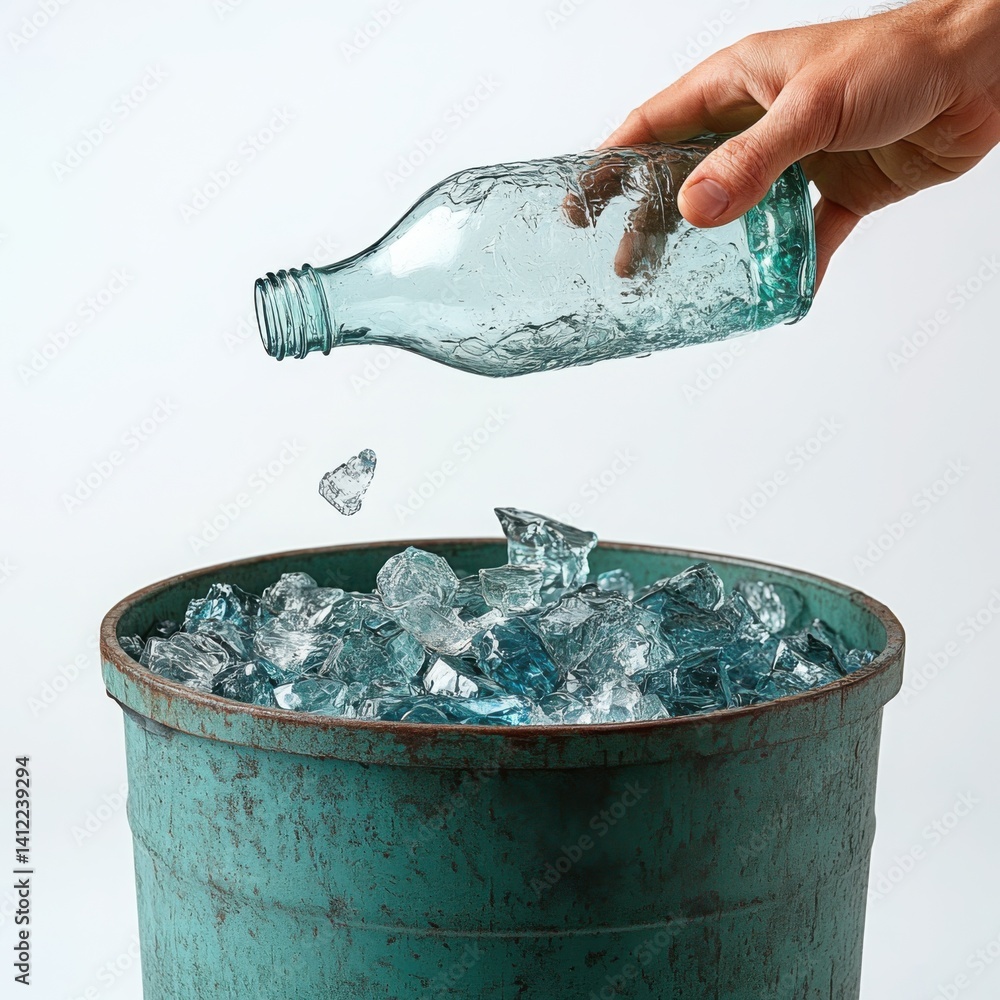 Close up shot of a hand throwing a cracked glass bottle into a green recycle bin against a white background.