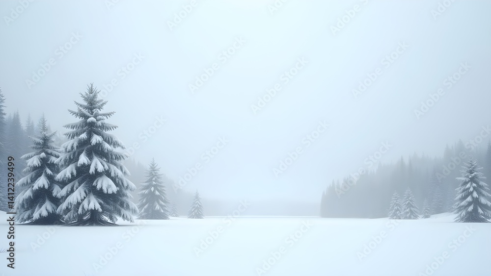 Obraz premium Serene Snowy Winter Landscape with Evergreen Trees in Forest with Fog in a white scene