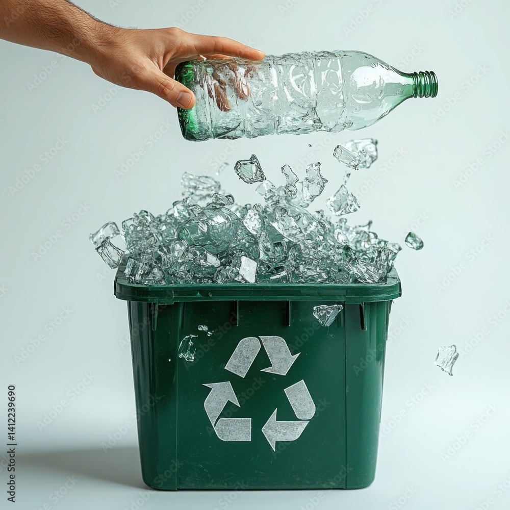 Close up shot of a hand throwing a cracked glass bottle into a green recycle bin against a white background.