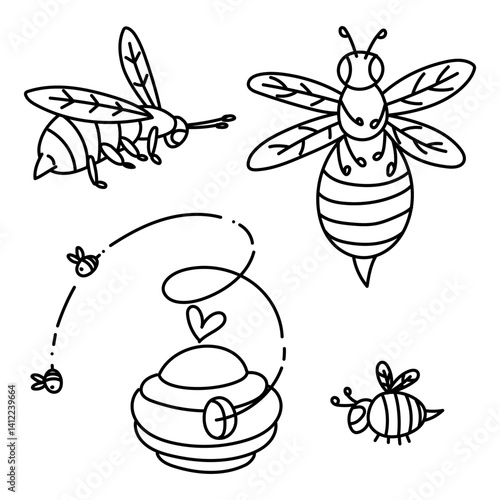 A set of doodle bees, a bee hive. Beehive and bees with bee flight lines. bees are domestic insects. The illustration is an isolated object. A flying swarm. A variety of flying insects