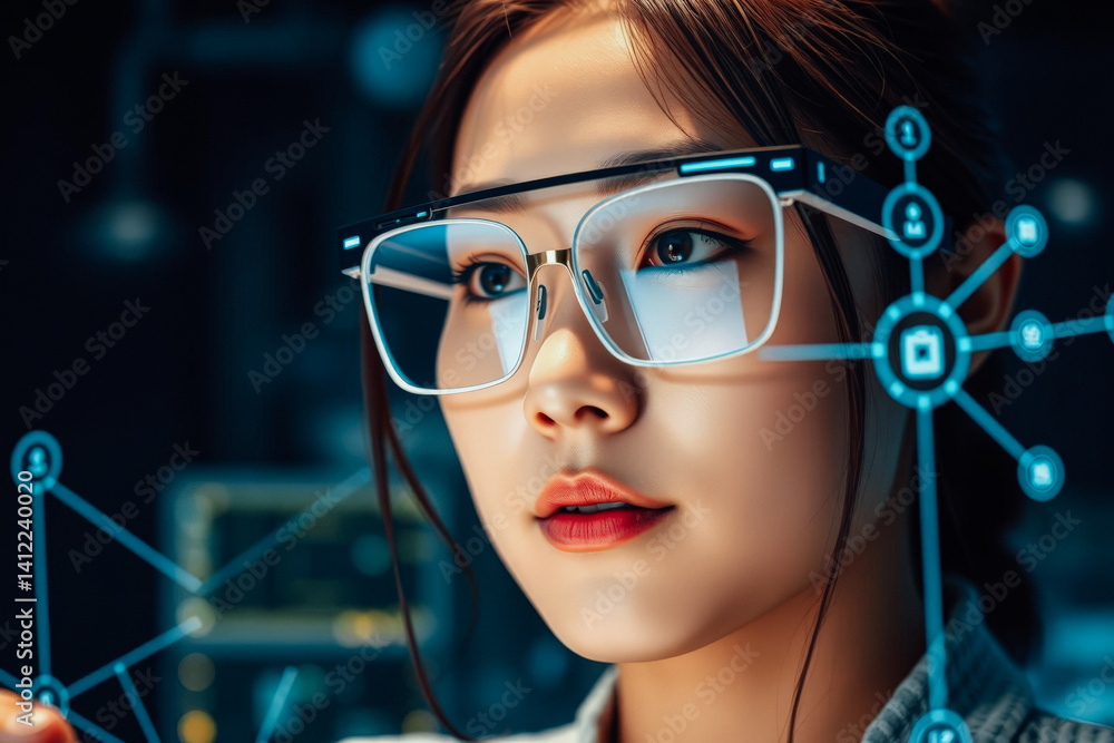 Focused Woman with Futuristic Glasses and Holographic Interface