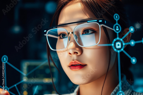 Obraz na płótnie Focused Woman with Futuristic Glasses and Holographic Interface w salonie