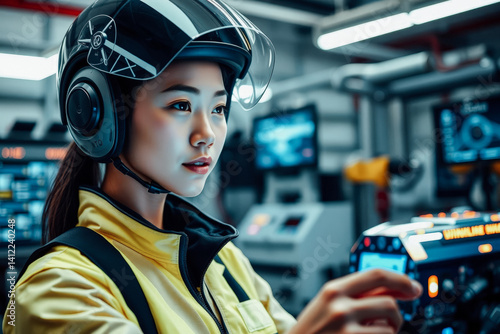 Female Technician Operating Futuristic Cockpit