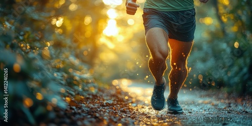 Close-up of a fit man in a green tank top running in an outdoor park with bright sunlight and bokeh blur effect.