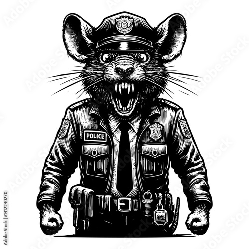 Pig wear police uniform sketch engraving black and white outline. Scratch board imitation.  illustrated in vintage line art style on a white background.