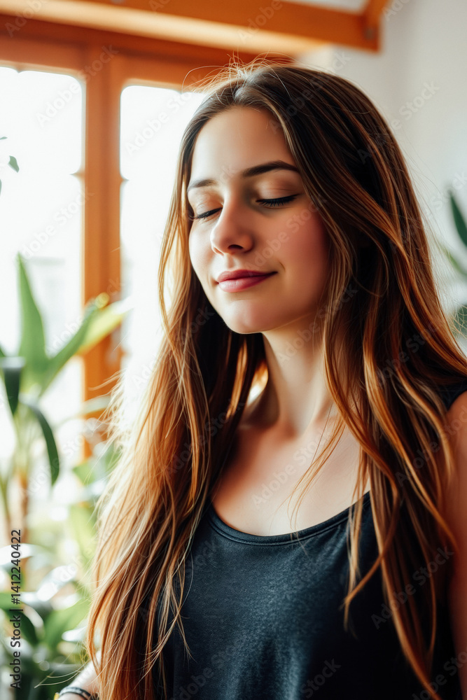 Peaceful Young Woman's Portrait in a Home