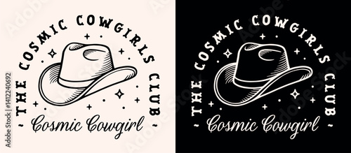 Cosmic cowgirl club cowgirls squad dark western disco whimsical aesthetic country girl matching shirt design. Retro celestial cowboy hat witch girls trip party theme printable sticker black poster.