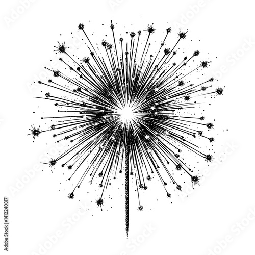 Firework explosion sketch engraving black and white outline. Scratch board imitation.