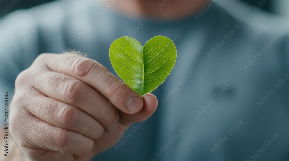 Close-up of a man holding a green, heart-shaped leaf in his hand,