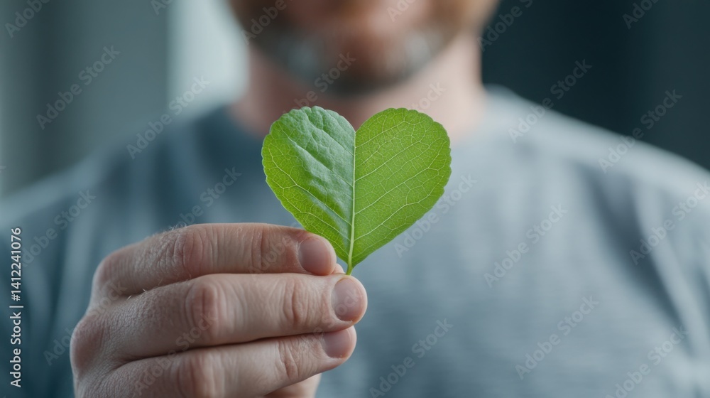 Close-up of a man holding a green, heart-shaped leaf in his hand,