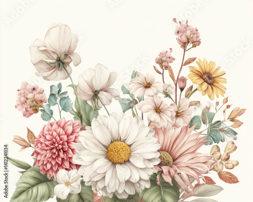 Colorful floral arrangement showcasing diverse blossoms and delicate leaves in a soft, neutral background