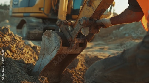 Heavy equipment operator carefully maneuvering an excavator at a construction zone. Featuring technical skill and safety