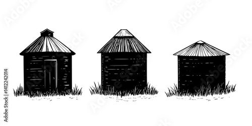 3 Pieces of Farmhouse style Grain bins designs, Farmhouse style Grain bins illustration art