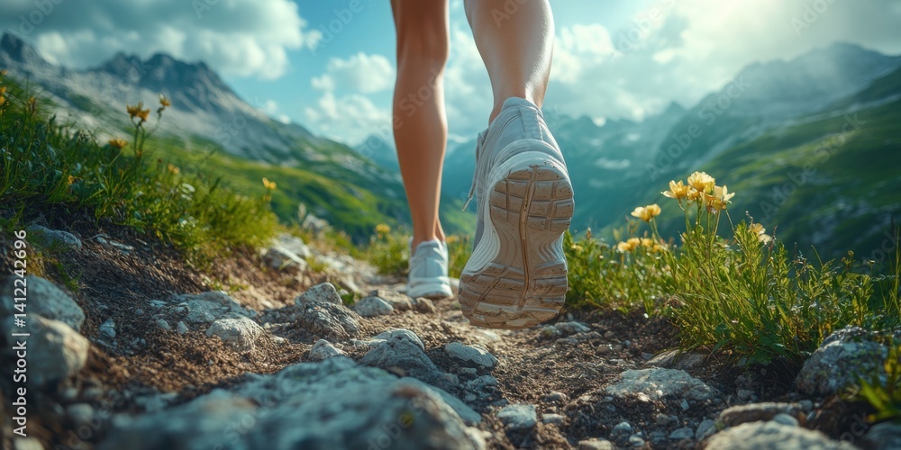 Close-up of a woman's legs in running shoes walking on a mountain trail, with a panoramic view of mountains and a natural background.