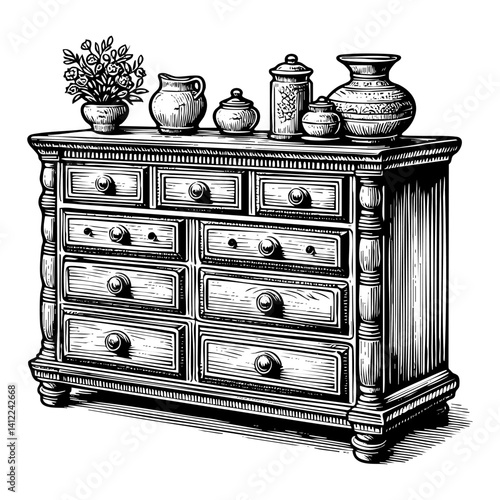 Wooden dresser sketch engraving black and white outline. Scratch board imitation.  illustrated in vintage line art style on a white background.