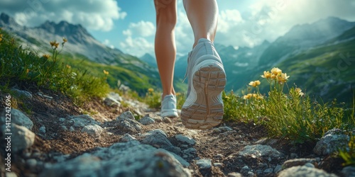 Obraz na płótnie Close-up of a woman's legs in running shoes walking on a mountain trail, with a panoramic view of mountains and a natural background. w salonie