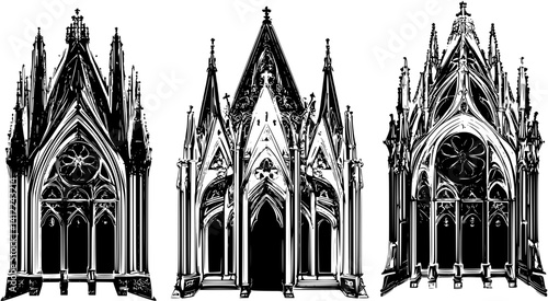 3 Pieces of Gothic style Cathedrals designs, Gothic style Cathedrals illustration art