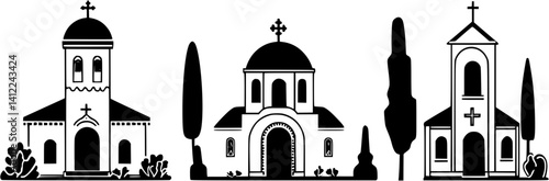 3 Pieces of Mediterranean style Monasteries designs, Mediterranean style Monasteries illustration art