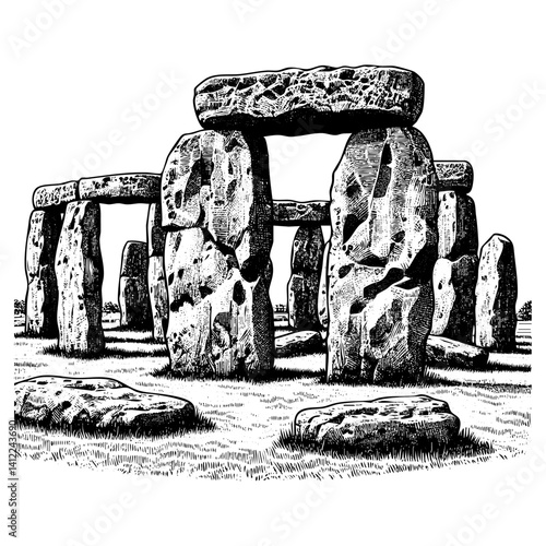 Stonehenge sketch engraving black and white outline. Scratch board imitation.