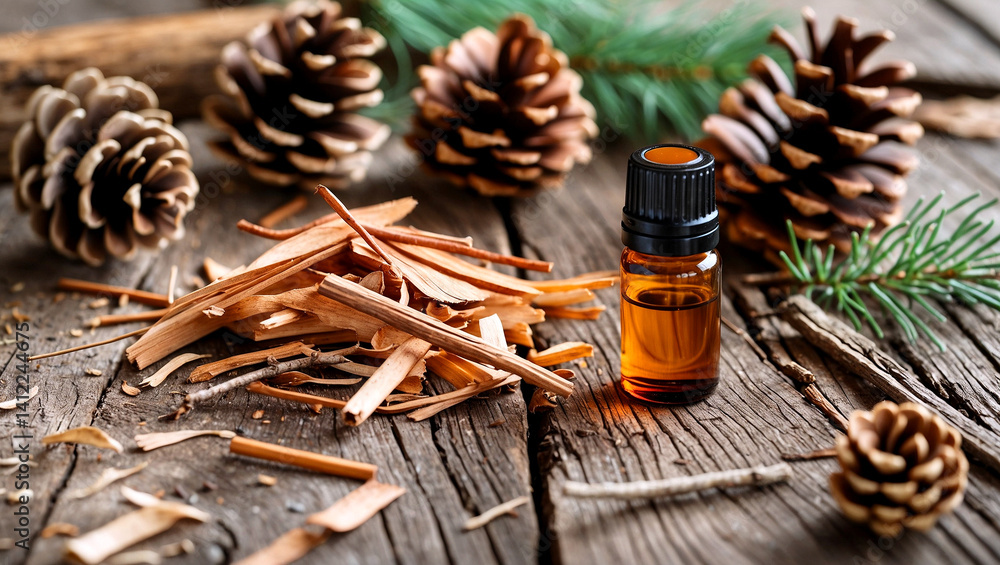Cedarwood essential oil surrounded by nature's elements Cedarwood essential oil surrounded by nature's elements