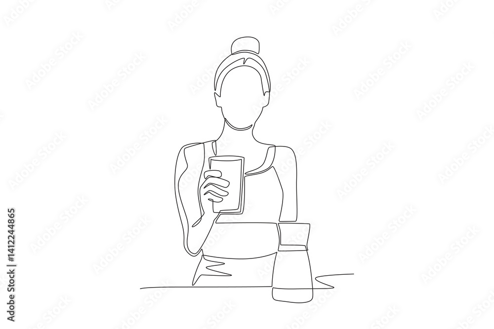 Woman drinking milk after exercise. Balanced Nutrition concept one-line drawing Woman drinking milk after exercise. Balanced Nutrition concept one-line drawing