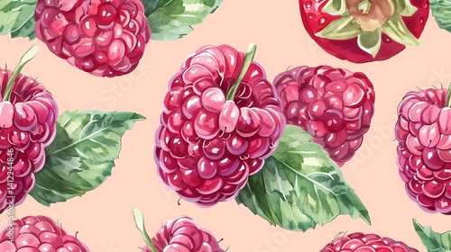 Watercolor illustration featuring ripe raspberries and strawberry on a pink backdrop