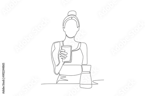 Woman drinking milk after exercise. Balanced Nutrition concept one-line drawing