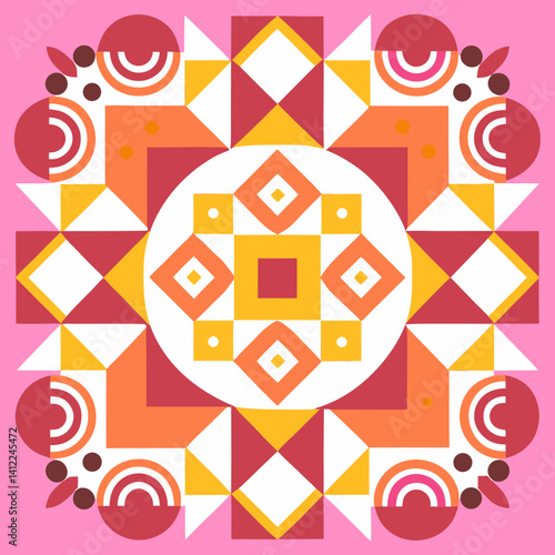 A vibrant geometric mandala radiating warmth and joy, featuring a harmonious blend of warm oranges, reds, and yellows on a soft pink background.