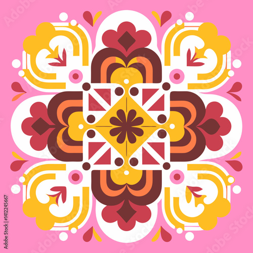 A vibrant, symmetrical floral mandala bursting with autumnal hues and retro 70s style, showcasing a joyful, optimistic energy on a soft pink background.