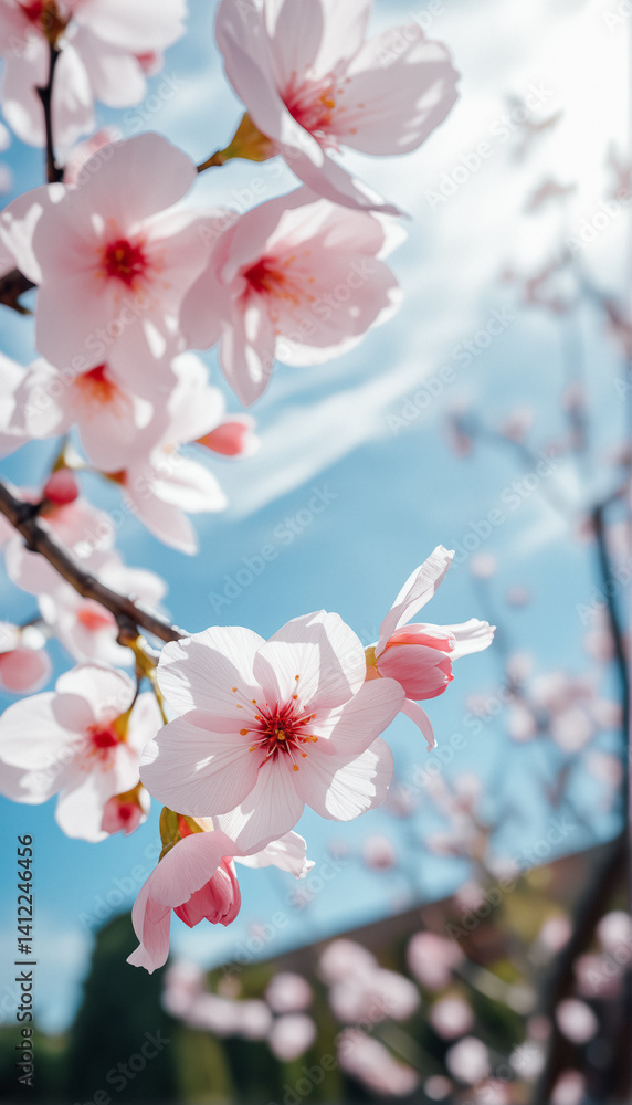 Beautiful Pink Cherry Blossoms Blooming Against a Blue Sky