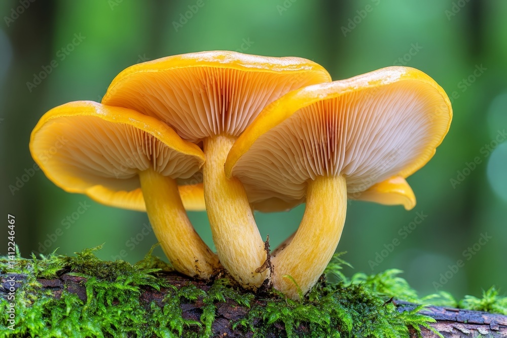 A cluster of delicate golden chanterelle mushrooms growing on a moss-covered log A cluster of delicate golden chanterelle mushrooms growing on a moss-covered log