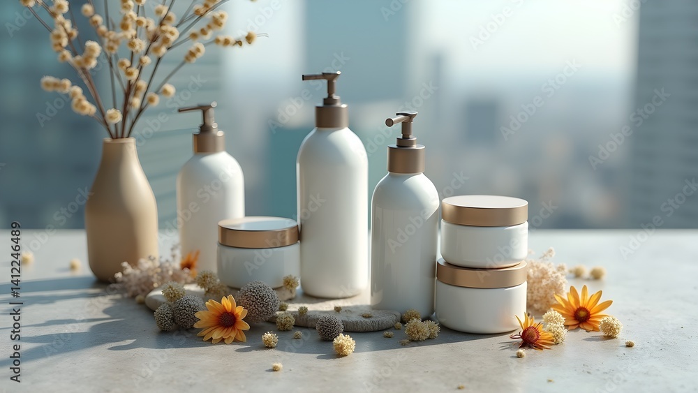 Elegant cosmetic product display with white bottles, cream jars and flowers against an urban cityscape Elegant cosmetic product display with white bottles, cream jars and flowers against an urban cityscape