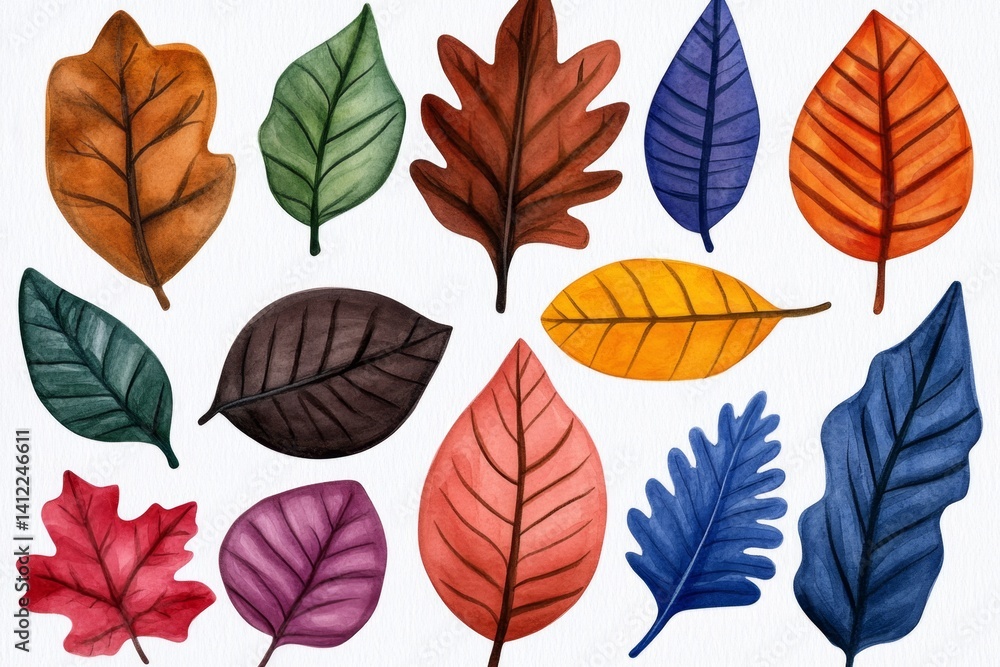 Obraz premium A collection of hand-painted watercolor leaves, each in a different autumn shade