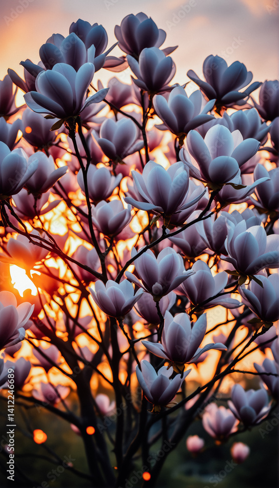 Blooming Magnolias at Sunset