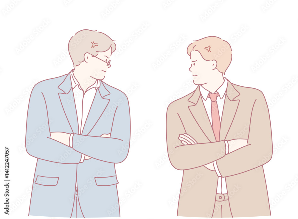 Two businessmen stand with their arms crossed, representing a typical clash often seen in professional environments Two businessmen stand with their arms crossed, representing a typical clash often seen in professional environments