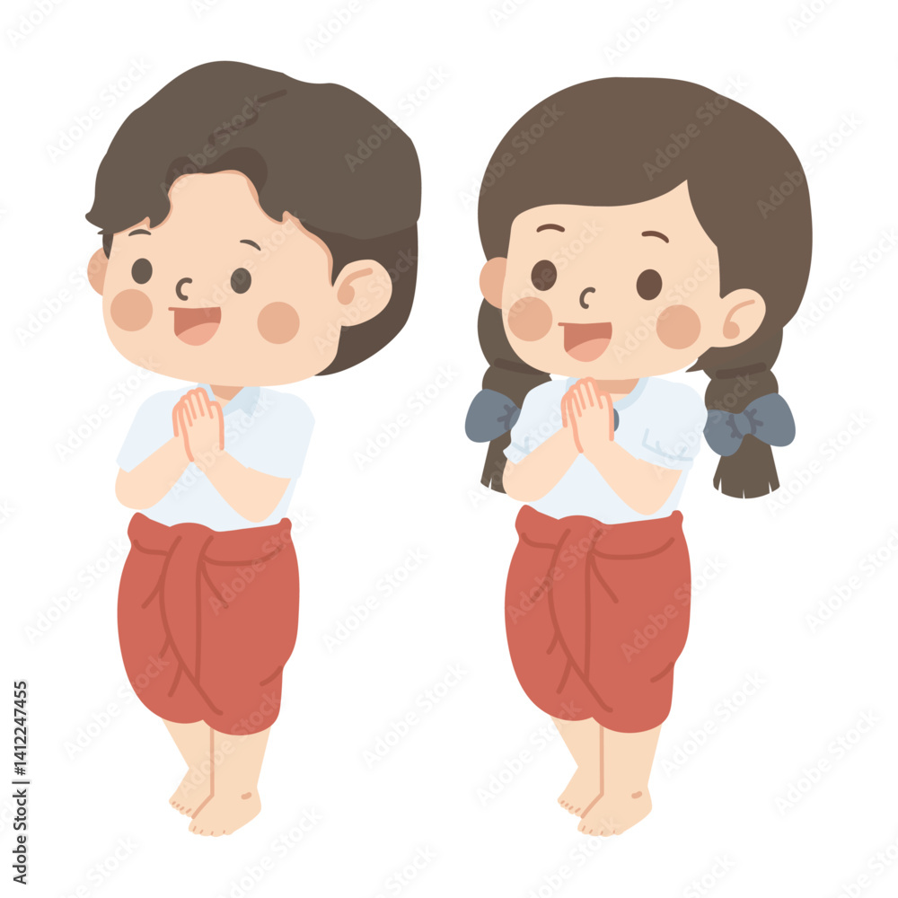 Man and Woman in Dance Outfits Giving a Traditional Sawasdee Greeting Man and Woman in Dance Outfits Giving a Traditional Sawasdee Greeting