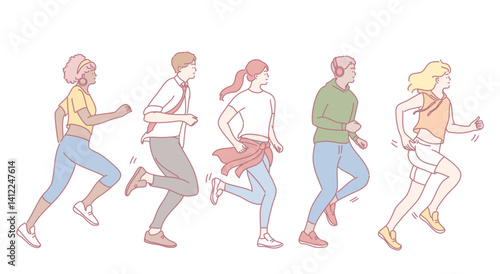 A colorful illustration of diverse people joyfully participating in a fun run, dressed in trendy athletic attire