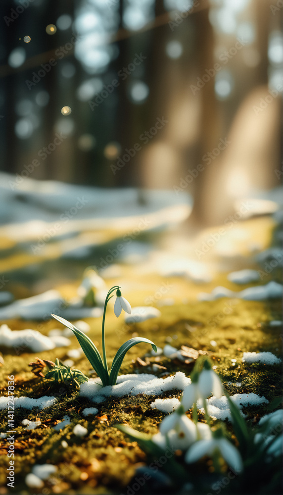 First Spring Flowers Emerging From Winter Snow