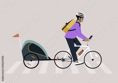 A cyclist with a backpack and helmet rides confidently through a pedestrian crosswalk, pulling a bike trailer, The urban environment sets a dynamic backdrop
