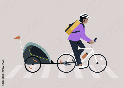 A cyclist with a backpack and helmet rides confidently through a pedestrian crosswalk, pulling a bike trailer, The urban environment sets a dynamic backdrop