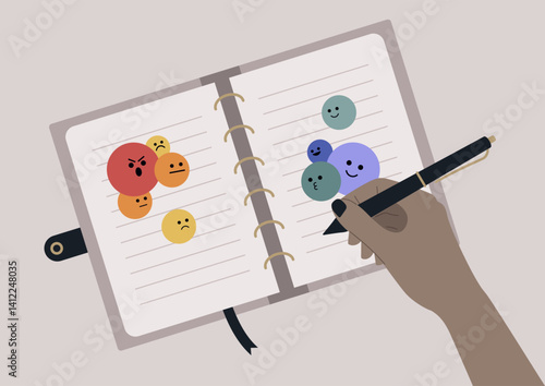 A hand skillfully writes in a stylish journal adorned with colorful mood icons against a minimalist backdrop, encouraging personal reflection and creativity during a quiet moment of self-discovery
