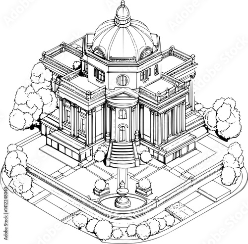 Baroque style Mansion isometric design, Baroque style Mansion vector graphic