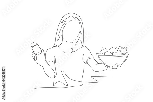 Woman holding salad and vitamin bottle. Balanced Nutrition concept one-line drawing